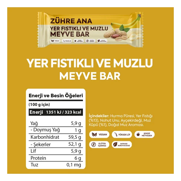 Yer Fıstıklı ve Muzlu Meyve Bar, Şeker İlavesiz 35 gr x 12 Adet - Görsel 3