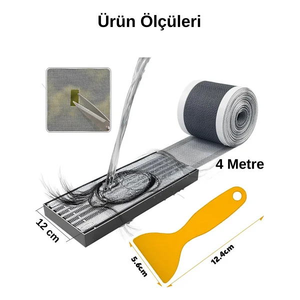Mucit Home 10 Cm 4 Metre Çok Amaçlı Gider Süzgeci Sineklik Tamir Kiti Saç Kıl Tüy Tutucu Gri - Görsel 6