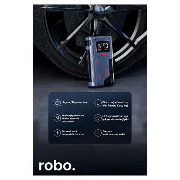 ROBO Süper 4'lü Şarjlı Akü Ateşleyici Lastik şişirici Powebank Led ışık 150Psi Yüksek basınçlı Gri - Görsel 2