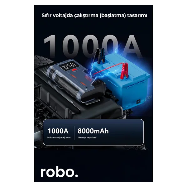 ROBO Süper 4'lü Şarjlı Akü Ateşleyici Lastik şişirici Powebank Led ışık 150Psi Yüksek basınçlı Gri - Görsel 4