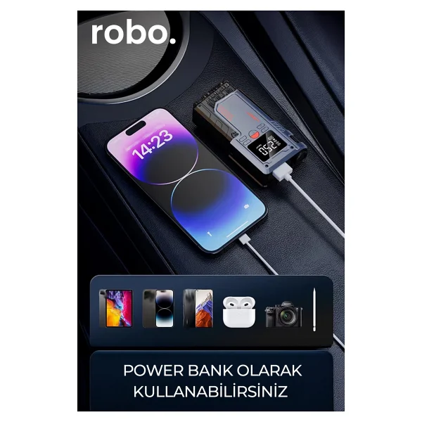 ROBO Süper 4'lü Şarjlı Akü Ateşleyici Lastik şişirici Powebank Led ışık 150Psi Yüksek basınçlı Gri - Görsel 5
