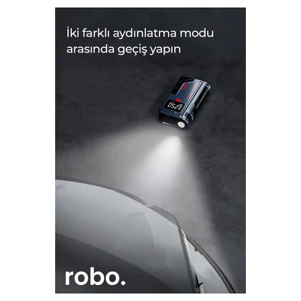 ROBO Süper 4'lü Şarjlı Akü Ateşleyici Lastik şişirici Powebank Led ışık 150Psi Yüksek basınçlı Gri - Görsel 6