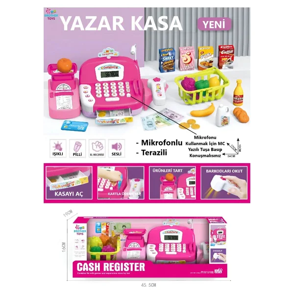 Brother Toys 29 Parça Sesli Hesap Makineli Terazili Mikrofonlu Barkod Okuyuculu Yazar Kasa Yazarkasa Pos Pembe - Görsel 3