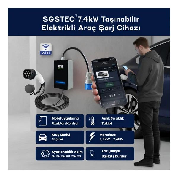 Sgstec Home 7,4kw 5metre Kablolu Elektrikli Araç şarj cihazı - Görsel 4