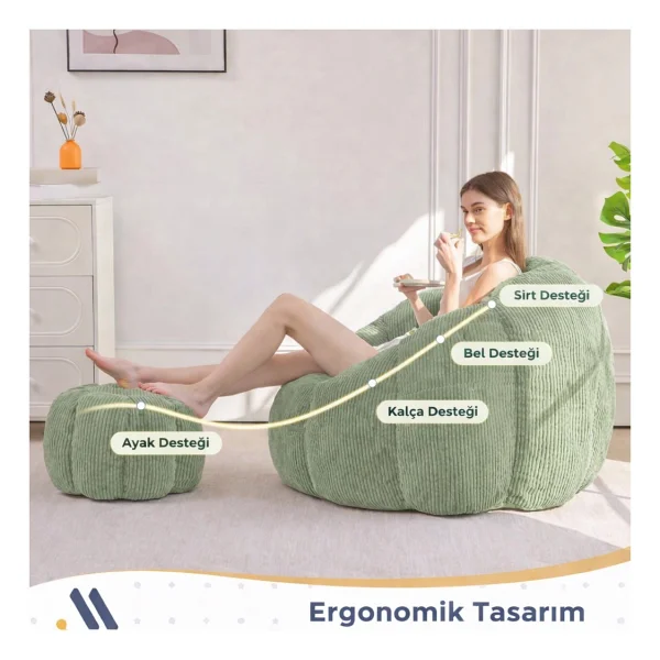 Puffiber Ergonomik Yer Tipi TV & Gaming Yer Koltuğu - Yetişkin Armut Puf Berjer 105x80 cm Modern Salon & Balkon Koltuğu - Yeşil - Görsel 2