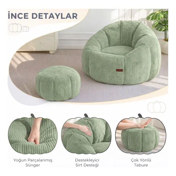 Puffiber Ergonomik Yer Tipi TV & Gaming Yer Koltuğu - Yetişkin Armut Puf Berjer 105x80 cm Modern Salon & Balkon Koltuğu - Yeşil - Görsel 3
