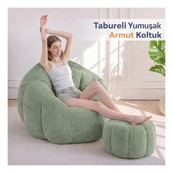 Puffiber Ergonomik Yer Tipi TV & Gaming Yer Koltuğu - Yetişkin Armut Puf Berjer 105x80 cm Modern Salon & Balkon Koltuğu - Yeşil - Görsel 4