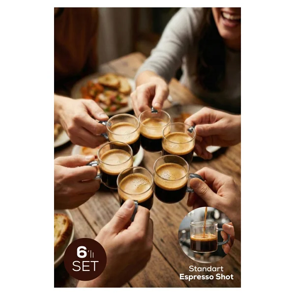 Vienev Gri Kulplu 6'lı Cam Espresso Bardağı Seti - 95 ml - Görsel 6
