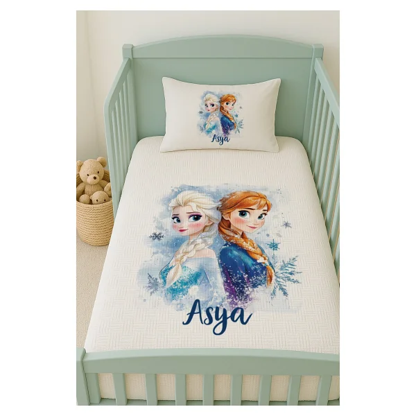 Lilabio %100 Pamuk İsme Özel İsimli 100x150 cm Pike Seti Elsa ve Anna - Görsel 5
