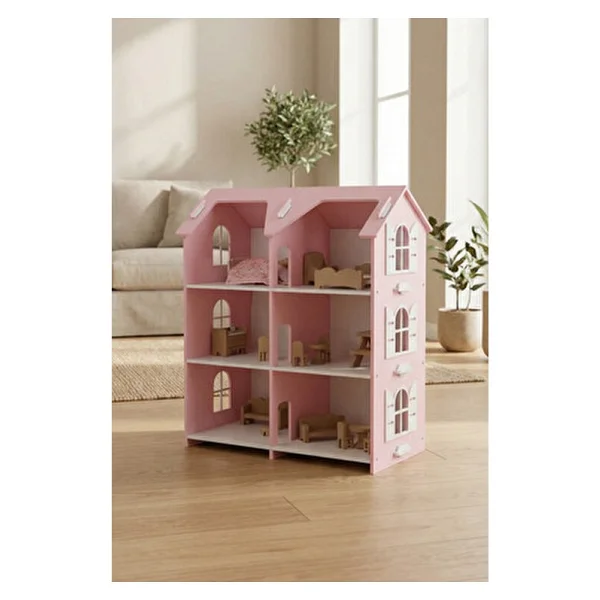 Hedefixtoys Ahşap Oyuncak Ev Pembe 3 Katlı Montessori Oyuncak Evi Ahşap Bebek Evi - Görsel 3