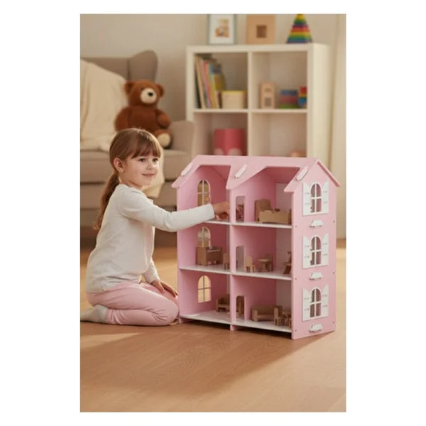 Hedefixtoys Ahşap Oyuncak Ev Pembe 3 Katlı Montessori Oyuncak Evi Ahşap Bebek Evi - Görsel 4