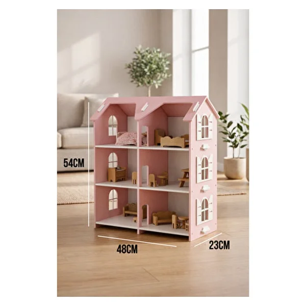 Hedefixtoys Ahşap Oyuncak Ev Pembe 3 Katlı Montessori Oyuncak Evi Ahşap Bebek Evi - Görsel 6