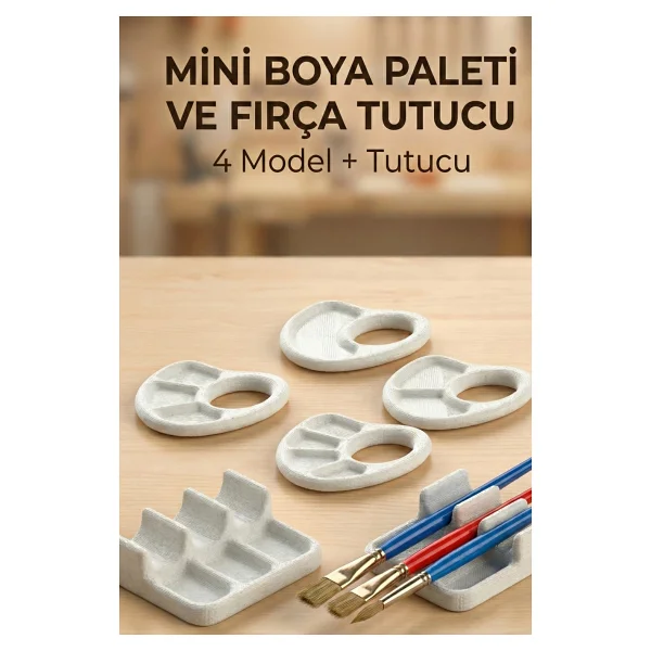 CRAFTS3DSTUDIO Mini Boya Paleti Seti 5'li -4 Adet Farklı Gözlü Palet + 3'lü Fırça Standı Hobi,maket Boyama beyaz - Görsel 7