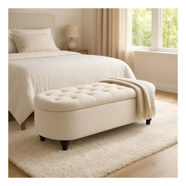 Simple Uzun ve Derin Sandıklı Puf Bench Çok Amaçlı Dekoratif Puf - Krem - Görsel 4