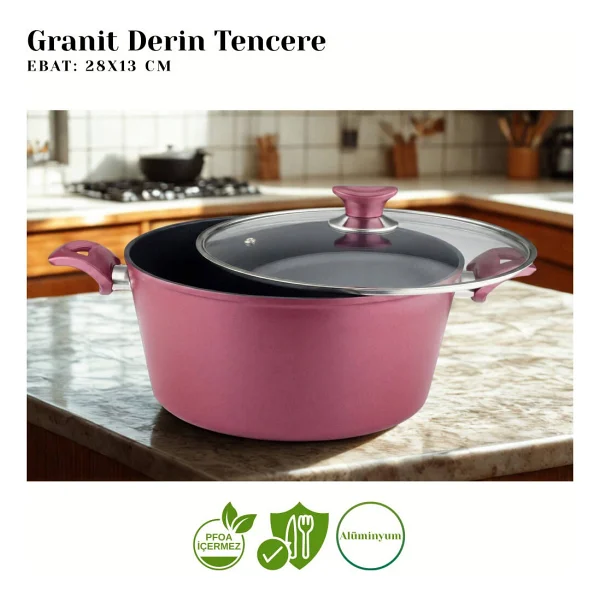 Arzu Cam Kapaklı Mürdüm 28 cm Derin Granit Tencere - Görsel 2