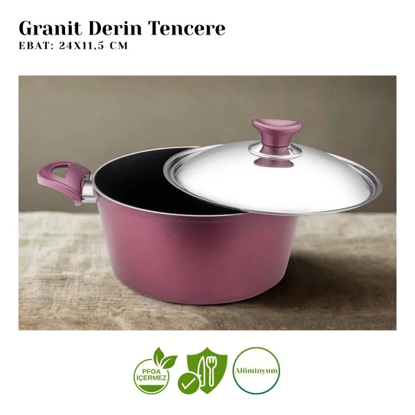 Arzu Çelik Kapaklı 24 cm Derin Granit Tencere - Görsel 2