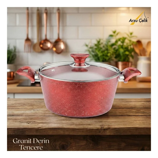Arzu Cam Kapaklı 24 cm Derin Granit Tencere - Görsel 5