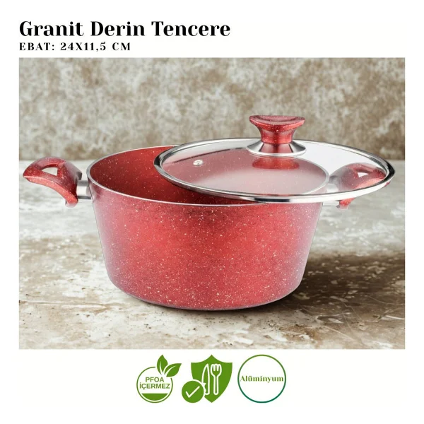 Arzu Cam Kapaklı 24 cm Derin Granit Tencere - Görsel 2