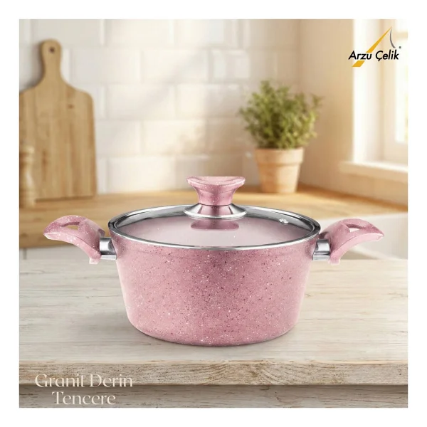 Arzu Cam Kapaklı Pembe 24 cm Derin Granit Tencere - Görsel 5