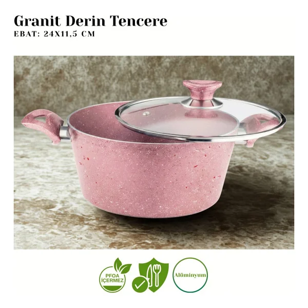 Arzu Cam Kapaklı Pembe 24 cm Derin Granit Tencere - Görsel 2