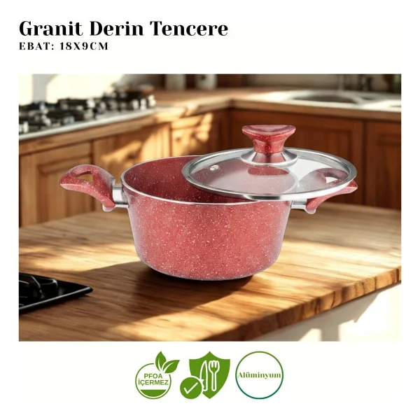 Arzu Cam Kapaklı 18 cm Derin Granit Tencere - Görsel 2