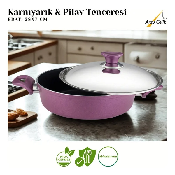 Arzu Çelik Kapaklı Mürdüm 28 cm Granit Pilav Tenceresi - Görsel 5