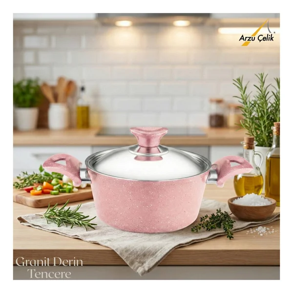 Arzu Çelik Kapaklı Pembe 20 cm Derin Granit Tencere - Görsel 5