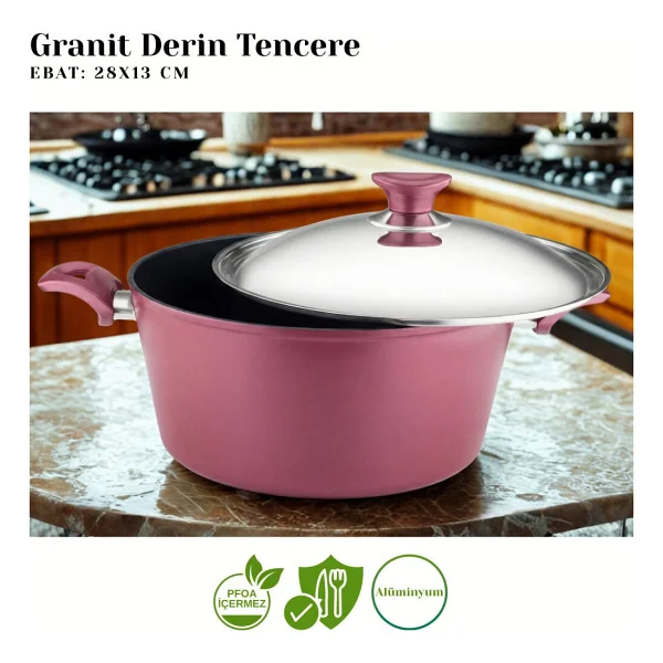 Arzu Çelik Kapaklı Mürdüm 28 cm Derin Granit Tencere - Görsel 2