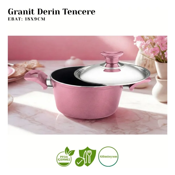Arzu Çelik Kapaklı Mürdüm 18 cm Derin Granit Tencere - Görsel 2