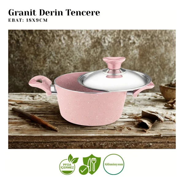 Arzu Çelik Kapaklı Pembe 18 cm Derin Granit Tencere - Görsel 2