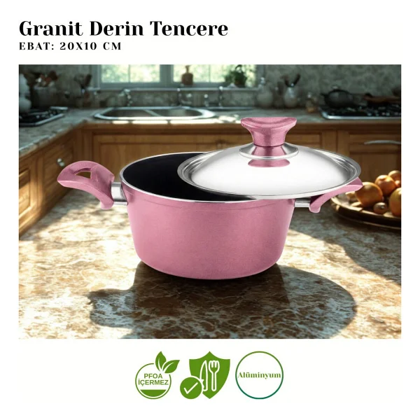 Arzu Çelik Kapaklı Mürdüm 20 cm Derin Granit Tencere - Görsel 2