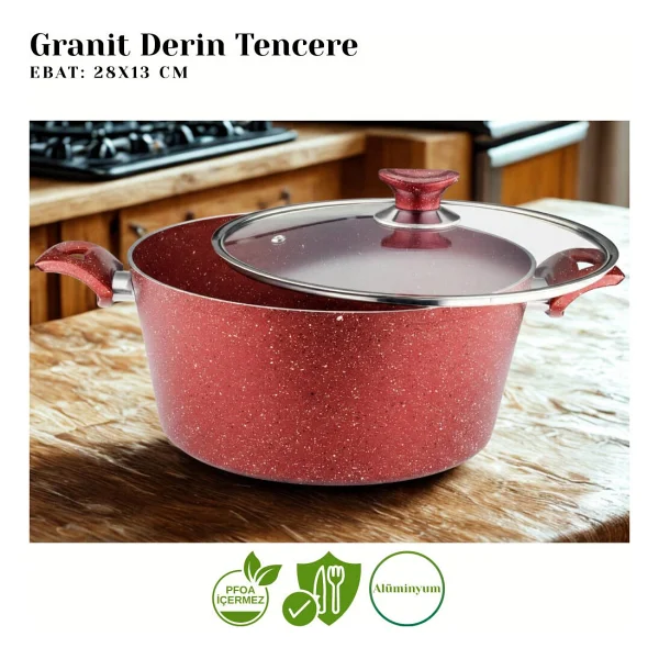 Arzu Cam Kapaklı 28 cm Derin Granit Tencere - Görsel 2