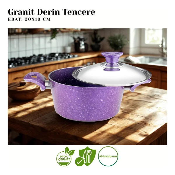 Arzu Çelik Kapaklı Violet 20 cm Derin Granit Tencere - Görsel 2