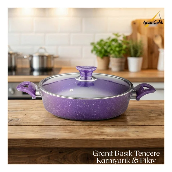 Arzu Cam Kapaklı Violet 26 cm Granit Pilav Tenceresi - Görsel 5