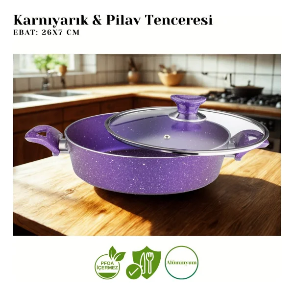 Arzu Cam Kapaklı Violet 26 cm Granit Pilav Tenceresi - Görsel 2
