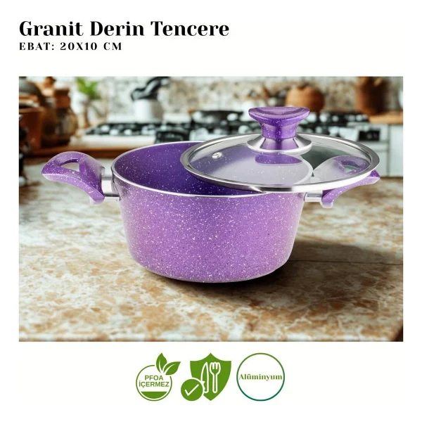 Arzu Cam Kapaklı 20 cm Derin Granit Tencere - Görsel 5