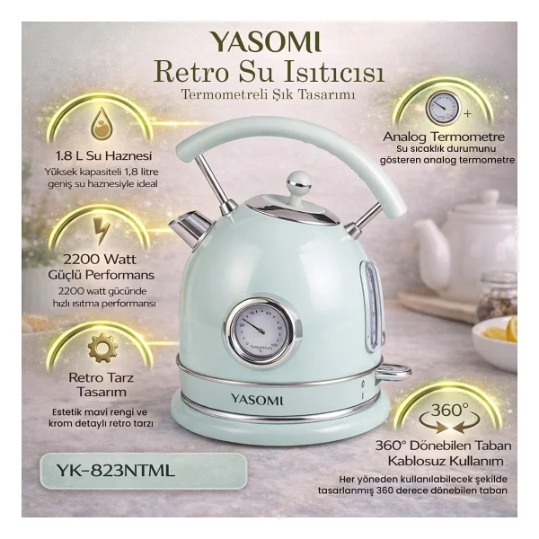 Yasomi YK-823NTSL Retro 1.8 lt Mavi 2200 W Kettle - Görsel 5