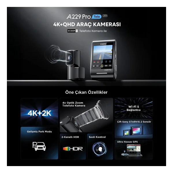 Viofo A229 Pro Tele 2 Kanallı Ön+Telefoto 4K+2K HDR Sony STARVIS 2 Sensör GPS'li Araç Kamerası - Görsel 2