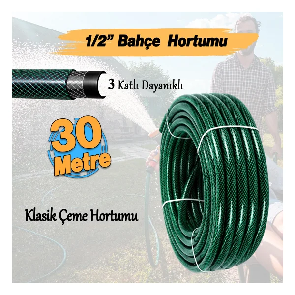 Badem10 (30 Metre) Dayanıklı 3 Katlı Sağlam Klasik Bahçe Çeşme Hortumu Su Sulama Yıkama Hortum 12.5 mm 1/2" - Görsel 10
