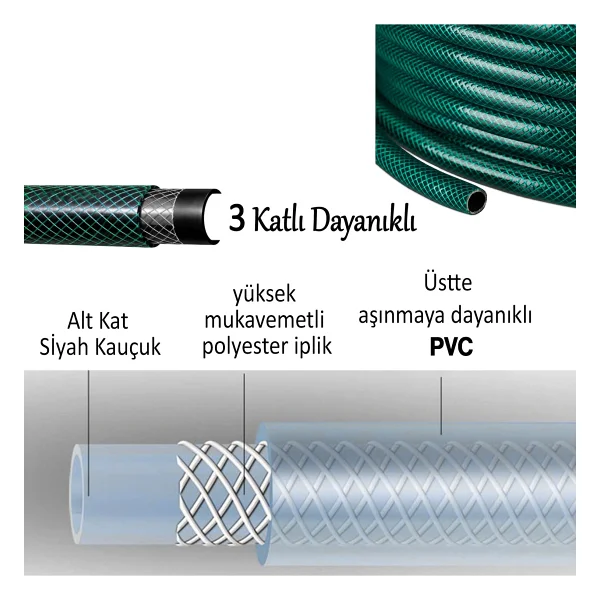 Badem10 (30 Metre) Dayanıklı 3 Katlı Sağlam Klasik Bahçe Çeşme Hortumu Su Sulama Yıkama Hortum 12.5 mm 1/2" - Görsel 2