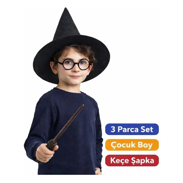 Harry Potter Tarzı Çocuk Seti (Siyah Keçe Şapka, Asa, Gözlük) - Görsel 5