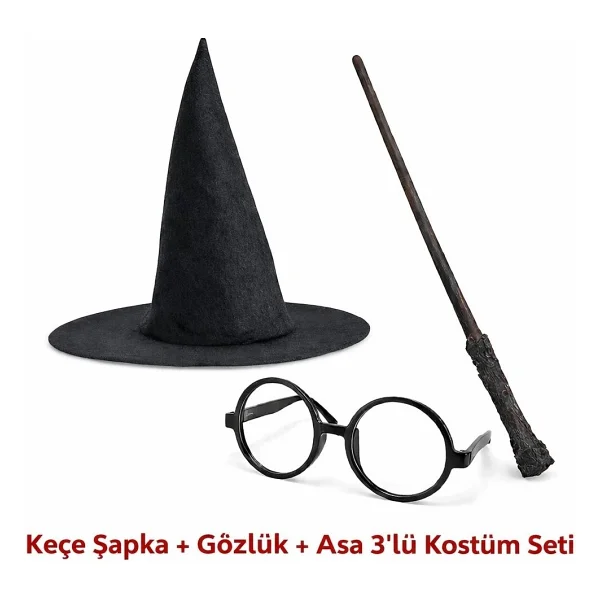 Harry Potter Tarzı Çocuk Seti (Siyah Keçe Şapka, Asa, Gözlük) - Görsel 2