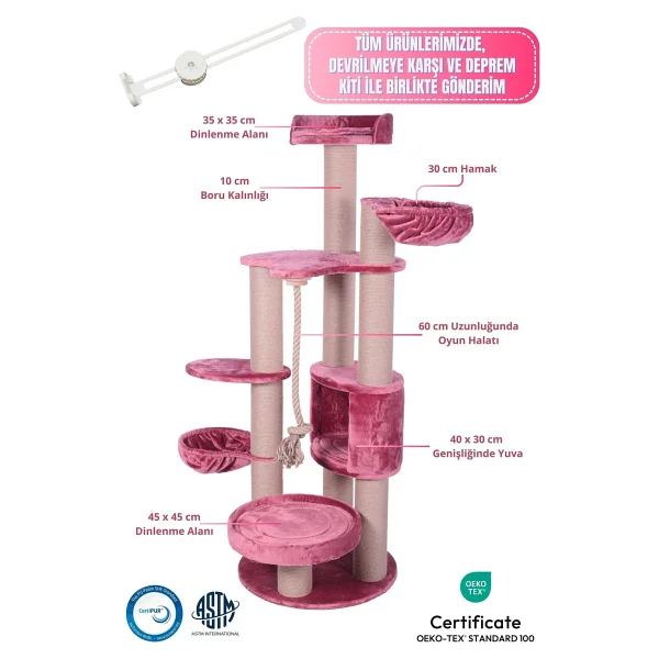 Pet Dreams Paris Lüks Pembe Kedi Tırmalama ve Dinlenme Ağacı - Görsel 8