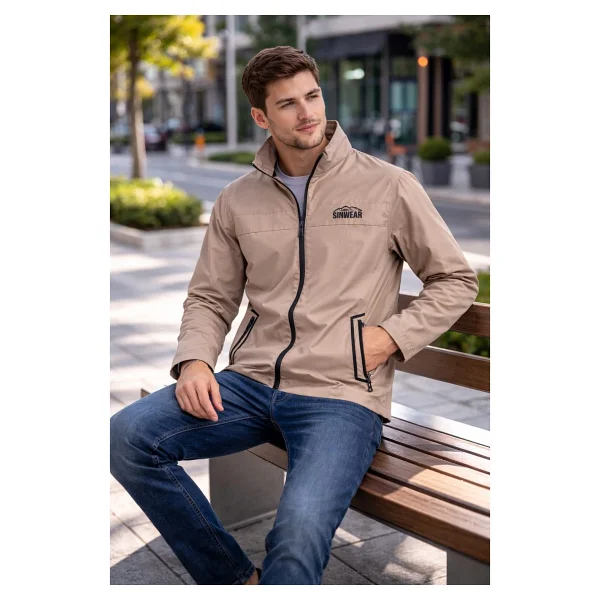 SINWEAR Erkek Baharlık Su ve Rüzgar Geçirmez Mont Dik Yaka Mevsimlik Fermuarlı Spor Outdoor Ceket - Vizon - Görsel 4
