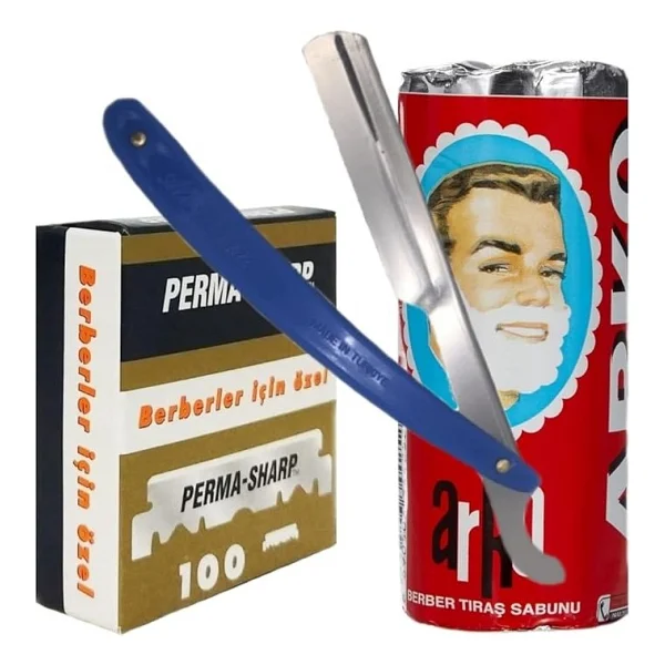 Sharp Berber Jileti 100'LÜ Paket, Arko 75G Tıraş Sabunu, Ali Bıyıklı Ustura Seti - Görsel 2