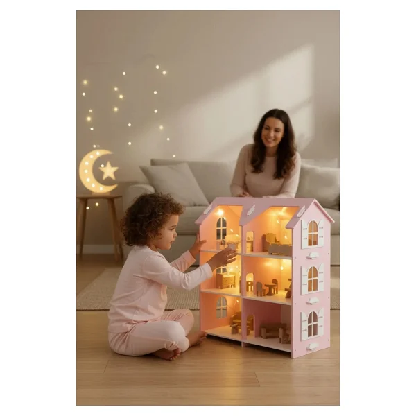 Hedefixtoys Ahşap Oyuncak Ev Pembe 3 Katlı Montessori Oyuncak Evi Ahşap Bebek Evi - Görsel 7