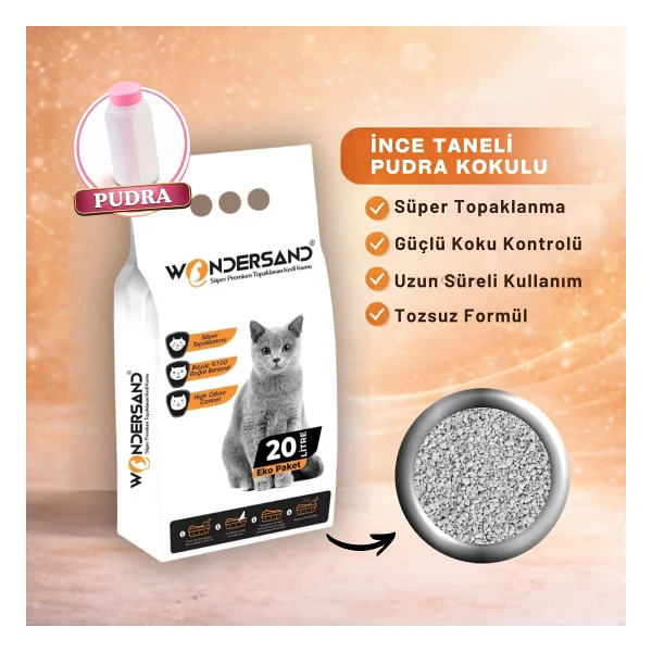 Wondersand Pudra Kokulu İnce Taneli 20 lt Beyaz Bentonit Kedi Kumu - Görsel 9
