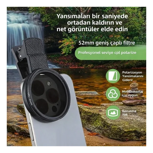 52mm Ultra Clear CPL Polarize Filtre Klipsli Telefon Lens Yansıma Azaltıcı - Görsel 3