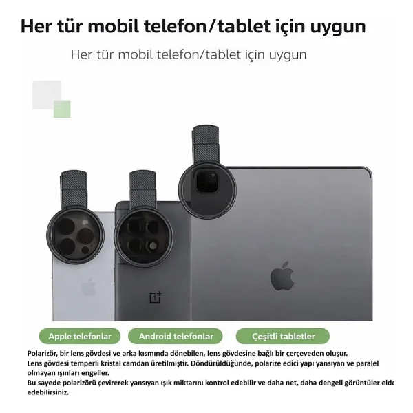 52mm Ultra Clear CPL Polarize Filtre Klipsli Telefon Lens Yansıma Azaltıcı - Görsel 4