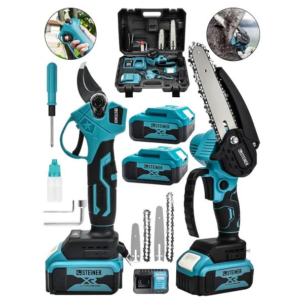 STEİNER 18v Çift Akülü Çelik Şanzıman 35mm Dal Budama Makası & 15cm Budama Testeresi 2 Li Set Mavi - Görsel 3